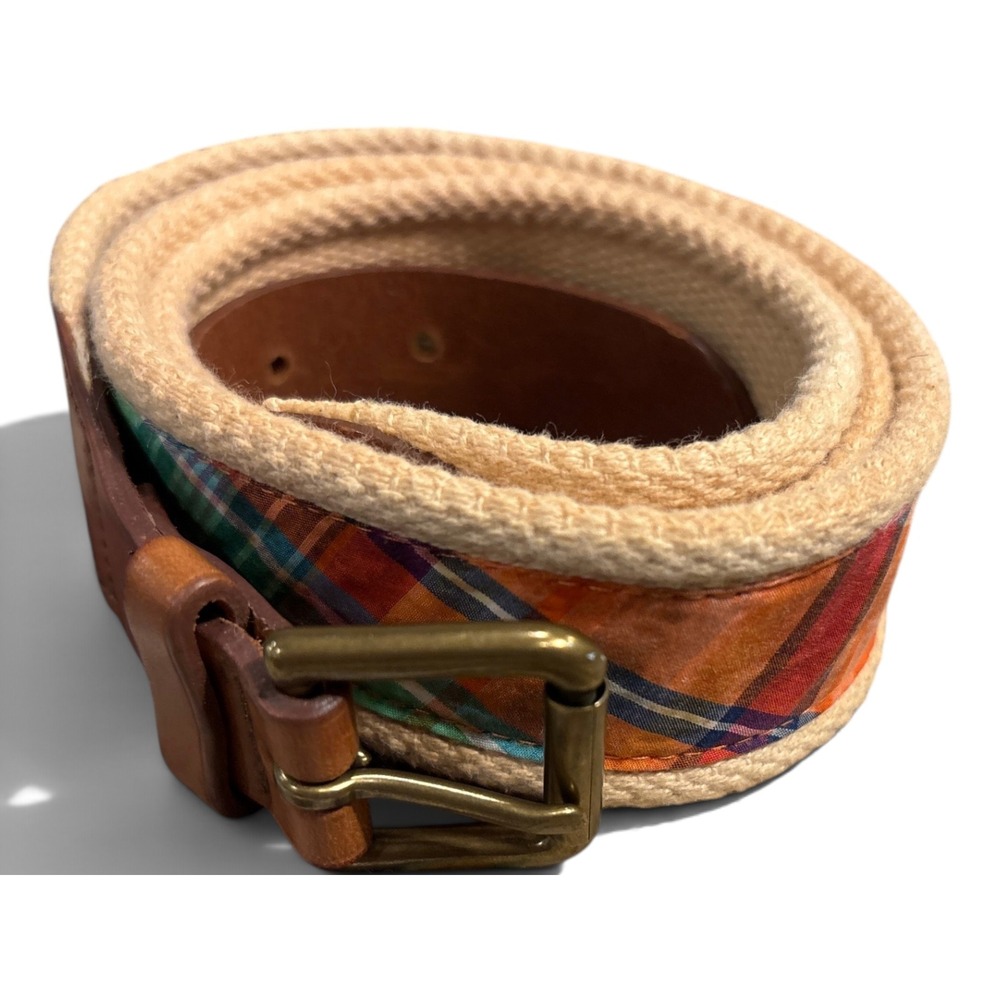 Polo Ralph Lauren Mens Plaid Canvas Leather Belt 38 Multi Color RN41381
